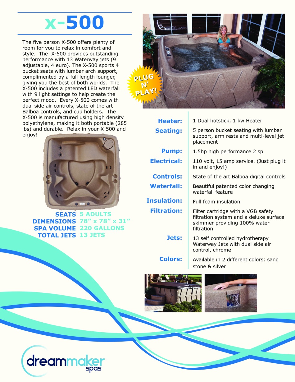 Dream Maker X 500 portable hot tub spa Spec Sheet Dream Maker X500 spa hot tub jacuzzi features